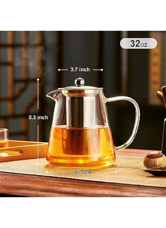 Glass Teapot Stovetop 32 OZ, Borosilicate Clear Tea Kettle with Removable 18/8 Stainless Steel Infuser, Teapot Blooming and Loose Leaf Tea Maker Tea Brewer for Camping, Travel (950ML)