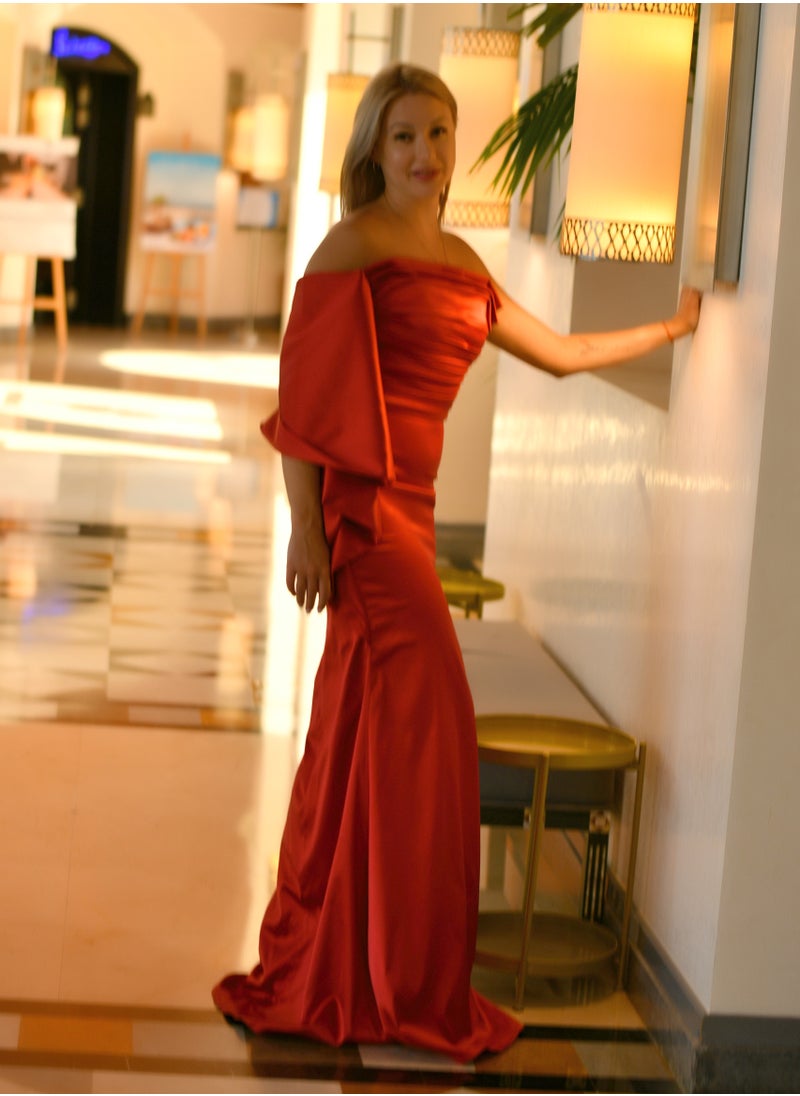 Scarlet Elegance Off-Shoulder Satin Gown A Statement of Confidence