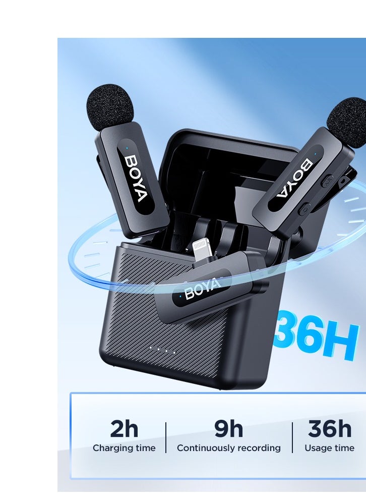 BOYA BY-V3 wireless microphone with charging case, noise cancelling lavalier microphone, mini microphone with 100M transmission, used for recording TikTok, YouTube content, creators, live broadcasts, interviews, recordings, iPhone, Android, smartphone, DSLR camera, laptop