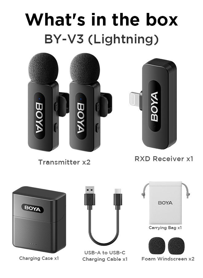 BOYA BY-V3 wireless microphone with charging case, noise cancelling lavalier microphone, mini microphone with 100M transmission, used for recording TikTok, YouTube content, creators, live broadcasts, interviews, recordings, iPhone, Android, smartphone, DSLR camera, laptop