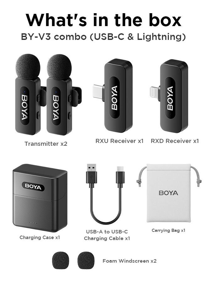 (New)BOYA BY-V3 combo Wireless Mirophone General Lavalier Mirophone for iPhone Android Smartphones Action DSLR Camera with 30h Charging for Recording Interview Vlog