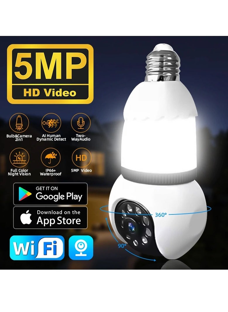 5MP E27 Bulb Camera Wifi Surveillance With LED Bulb HD PTZ 8X Zoom Smart Home Tracking Two Way Audio Night Vision Wireless Cam (64G)