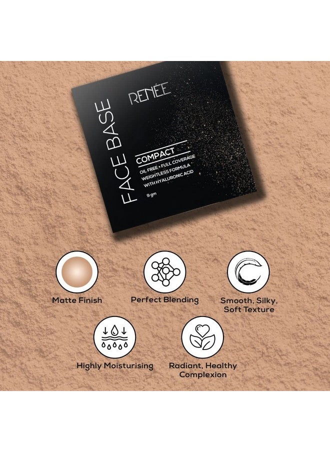 RENEE Face Base Compact Powder Walnut Beige 9gm| Enriched with Hyaluronic Acid & Vitamin E| Long-lasting, Easy Blend, Matte Finish