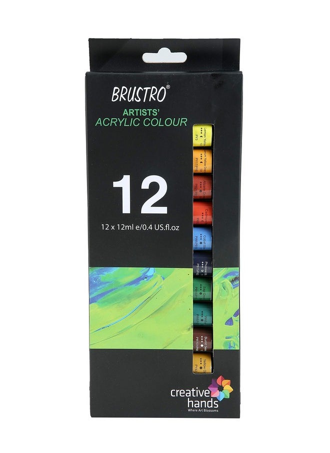 BRUSTRO Artist's Acrylic Colour | Set of 12 Colours X 12ml Tubes | Highly pigmented, Intermixable, Perfect for Canvas, Art, Rock Painting, Professionals and Artists