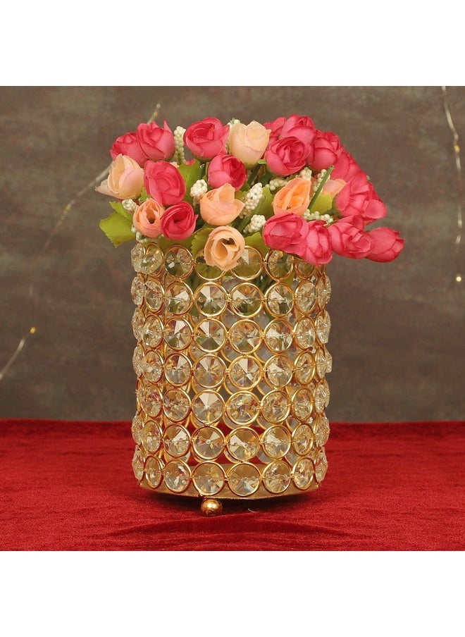 TIED RIBBONS Brass Crystal Round Flower Vase Centerpiece Home Decor Item (14 X 10 Cm) Flower Vases For Wall Shelf Living Room Bedroom Dining Room Center Table Home Decoration (Flowers Not Included)