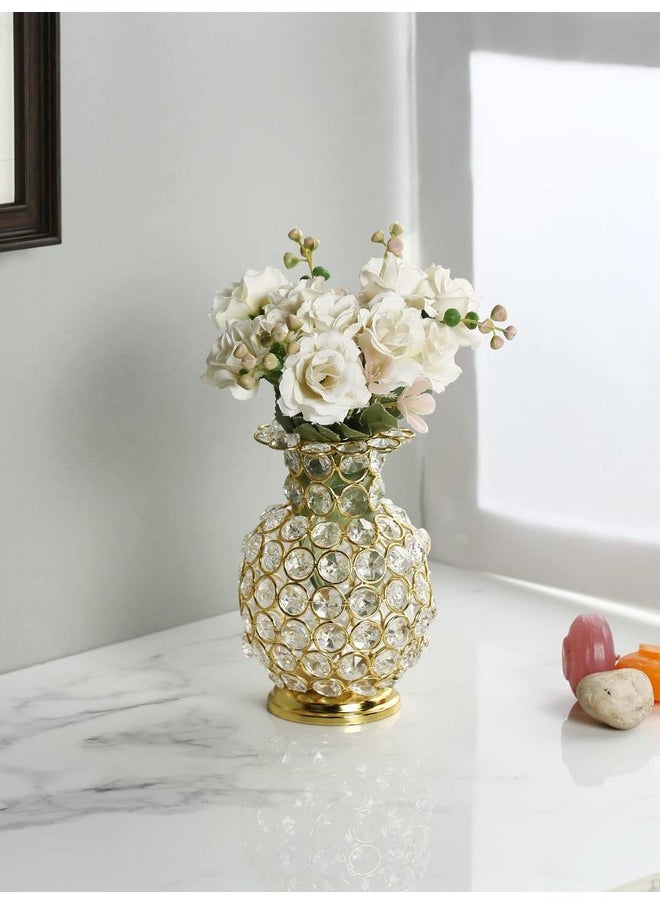 CraftVatika Metal Flower Vase with Crystal Studded, Decorative Golden Metal Flower Vase for Home Office Gift, (6 Inch Height)
