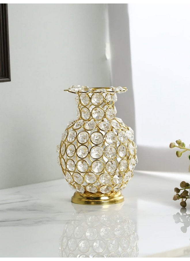 CraftVatika Metal Flower Vase with Crystal Studded, Decorative Golden Metal Flower Vase for Home Office Gift, (6 Inch Height)