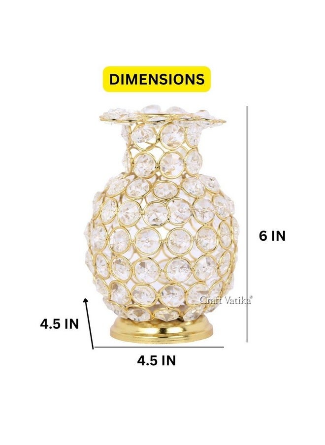 CraftVatika Metal Flower Vase with Crystal Studded, Decorative Golden Metal Flower Vase for Home Office Gift, (6 Inch Height)