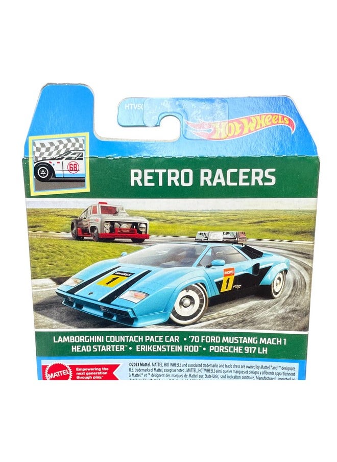 Hot Wheels Car 2024 Retro Racers Pack of 5 (Lamborghini Countach Pace Car, 70 Ford Mustang Mach 1, Head Starter, Erikenstein Rod, Porsche 917 LH) Multi - Color