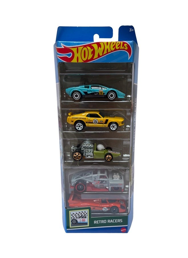 Hot Wheels Car 2024 Retro Racers Pack of 5 (Lamborghini Countach Pace Car, 70 Ford Mustang Mach 1, Head Starter, Erikenstein Rod, Porsche 917 LH) Multi - Color