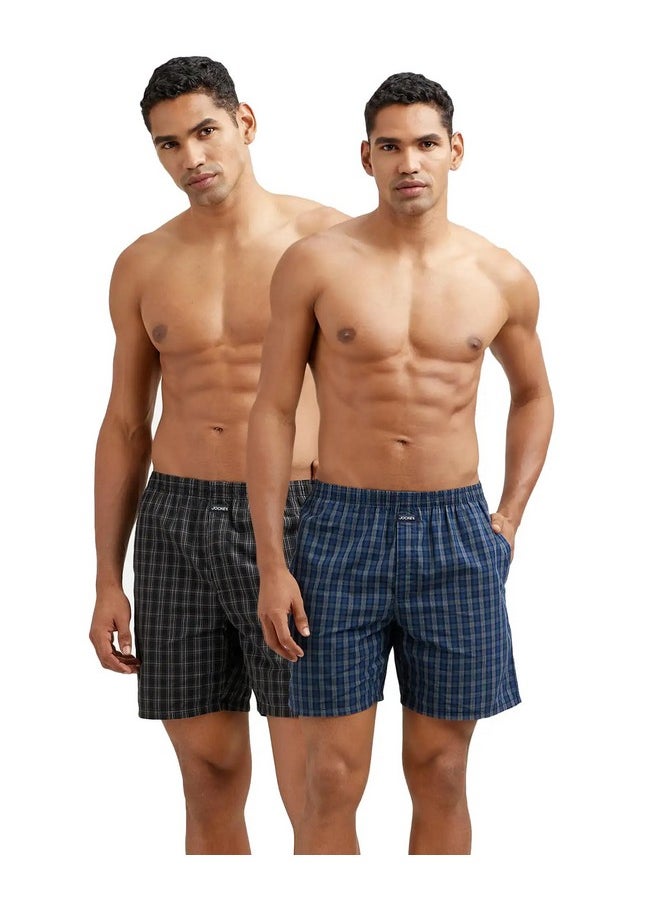 Jockey 1223 Men's Super Combed Mercerized Cotton Woven Checkered Boxer Shorts with Side Pocket (Pack of 2)_Navy & Black_M