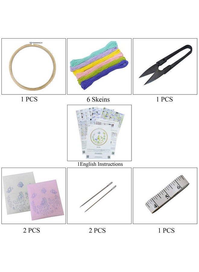 Embroiderymaterial Cross Stitch Hand DIY Embroidery Kit for Beginners, Adults with Butterfly Garden Design, Sewing DIY Kit for Adults with Instruction, Hoop, Fabric, Threads & Needle (Complete Kit)