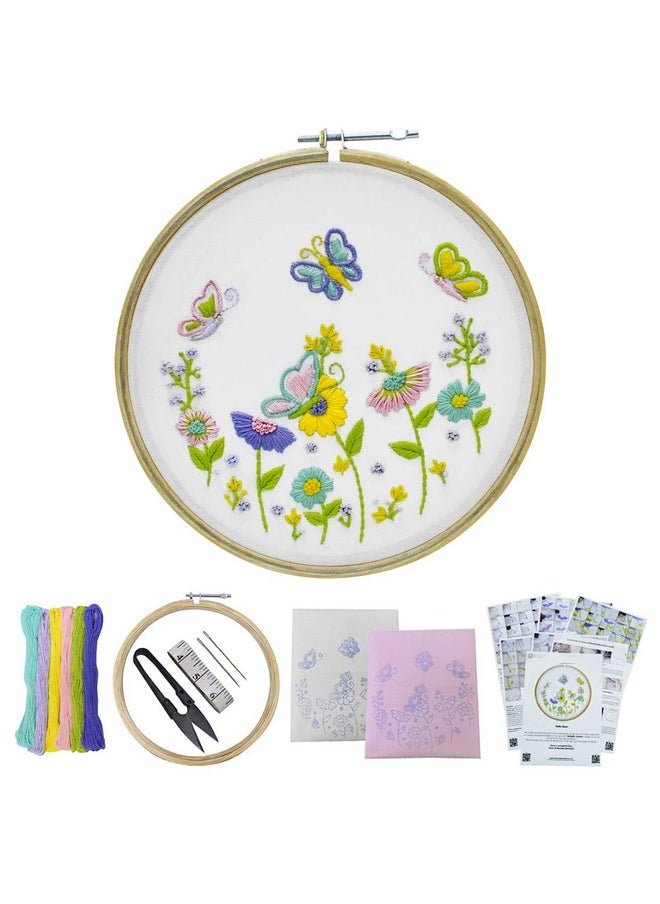 Embroiderymaterial Cross Stitch Hand DIY Embroidery Kit for Beginners, Adults with Butterfly Garden Design, Sewing DIY Kit for Adults with Instruction, Hoop, Fabric, Threads & Needle (Complete Kit)