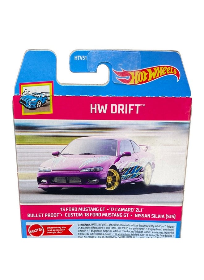 Hot Wheels Car 2024 HW Drift Pack of 5 (13 Ford Mustang GT, 17 Camaro ZL1, Bullet Proof, Custom 18 Ford Mustang GT, Nissan Silvia S15) Multi - Color