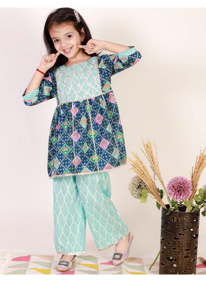 superminis Baby Girls Cotton Printed Kurti with Gota Work and Straight Palazzo (2-3 Years, Blue)
