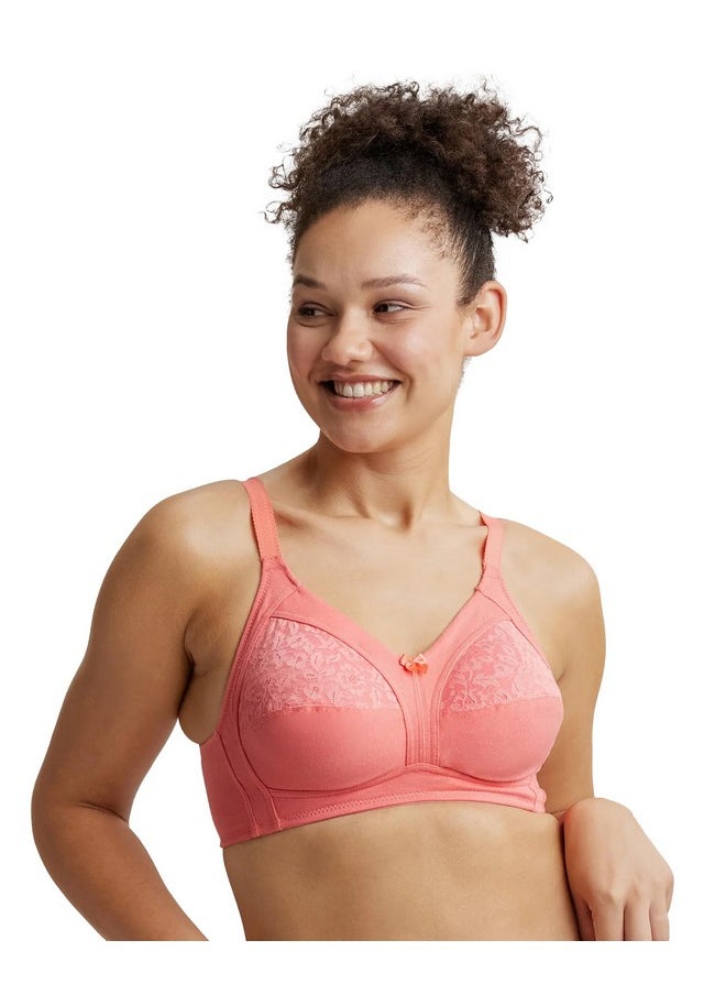 Jockey ES14 Women's Wirefree Non Padded Super Combed Cotton Elastane Stretch Full Coverage Plus Size Bra with Lace Styling and Adjustable Straps_Blush Pink_34D