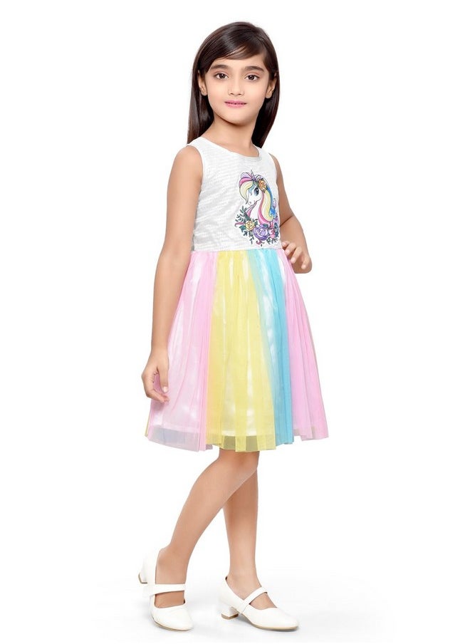 Doodle Unicorn Dress for Girls | Breathable Kids Frock & Dresses | Western Frocks with Waist Tie & Back Zip | Sleeveless & Knee Length (White with Rainbow Flare | 4 to 9 Years)