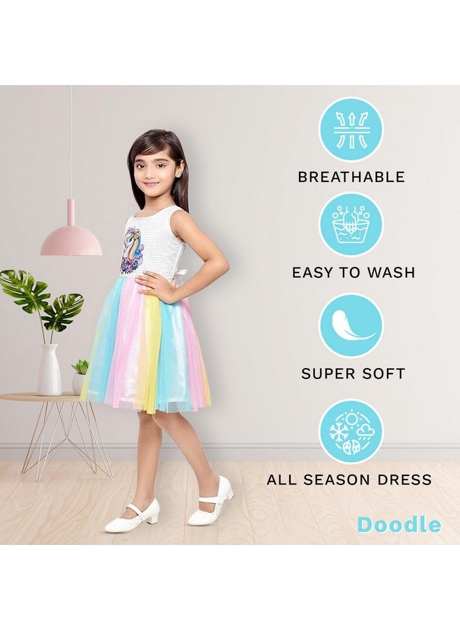 Doodle Unicorn Dress for Girls | Breathable Kids Frock & Dresses | Western Frocks with Waist Tie & Back Zip | Sleeveless & Knee Length (White with Rainbow Flare | 4 to 9 Years)