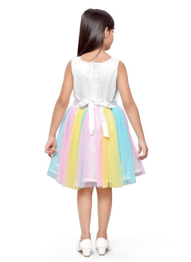 Doodle Unicorn Dress for Girls | Breathable Kids Frock & Dresses | Western Frocks with Waist Tie & Back Zip | Sleeveless & Knee Length (White with Rainbow Flare | 4 to 9 Years)