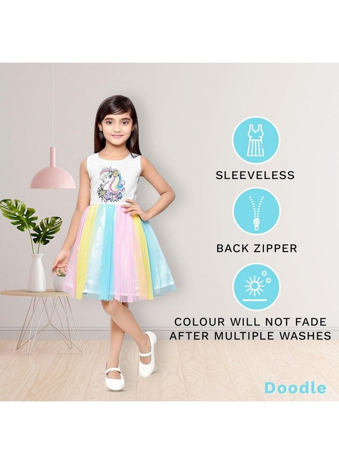 Doodle Unicorn Dress for Girls | Breathable Kids Frock & Dresses | Western Frocks with Waist Tie & Back Zip | Sleeveless & Knee Length (White with Rainbow Flare | 4 to 9 Years)