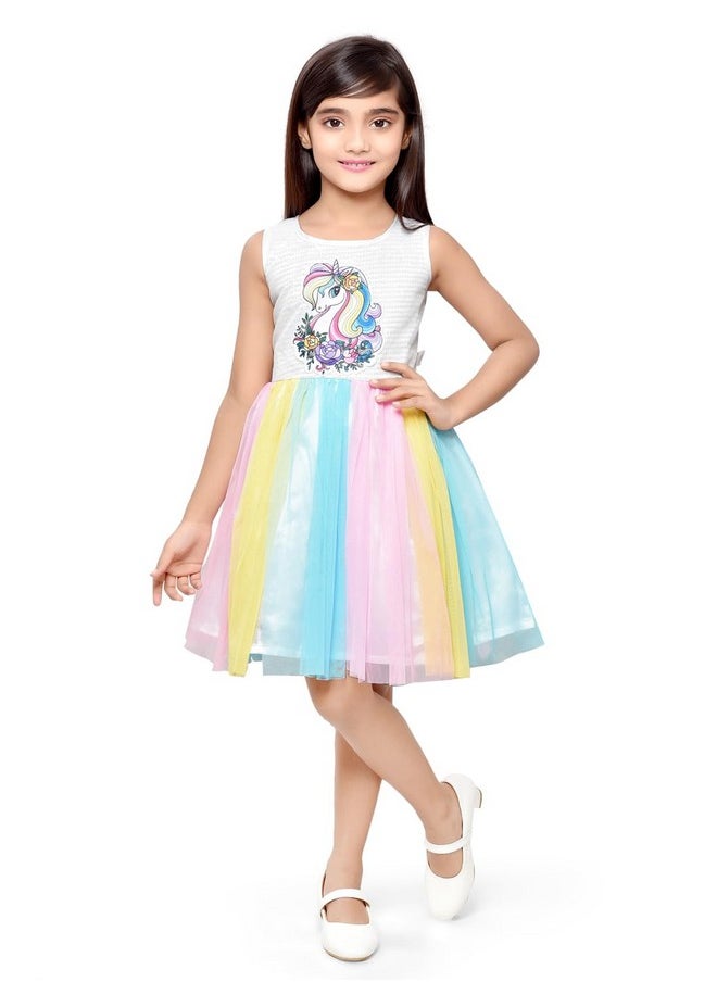 Doodle Unicorn Dress for Girls | Breathable Kids Frock & Dresses | Western Frocks with Waist Tie & Back Zip | Sleeveless & Knee Length (White with Rainbow Flare | 4 to 9 Years)