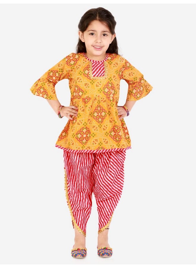 superminis Cotton Baby Girls Peplum Kurti With Dhoti Style Salwar Ethnic Dress (Orange, 12-18 Months)