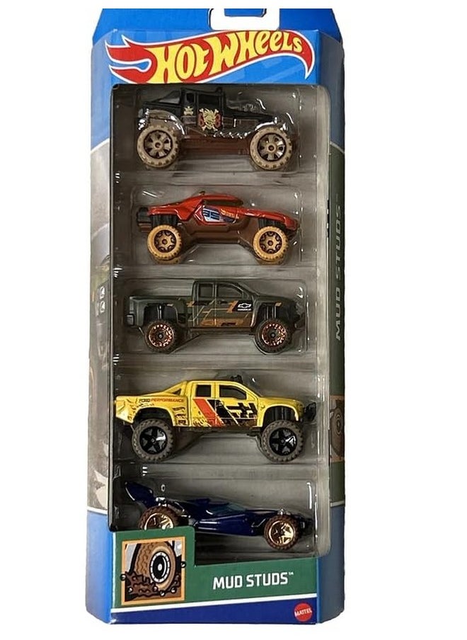 Hot Wheels Car 2024 Mud Studs Pack of 5 (Baja Bone Shaker, Blade Raider, Chevy Silverado Off Road, Sandblaster, Terrain Strom) Multi - Color