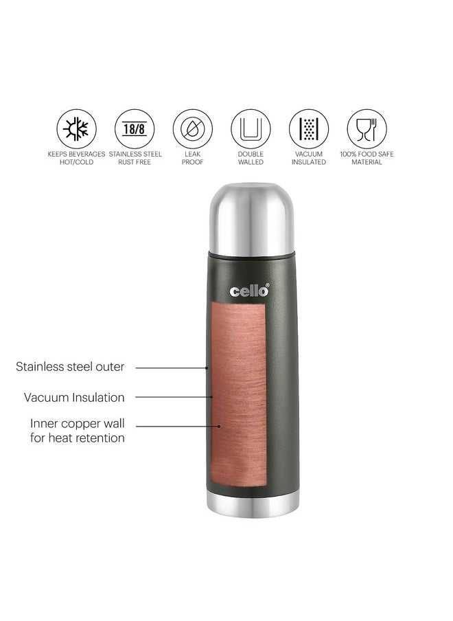 Cello Duro Tuff Steel Series- Flip Double Walled Stainless Steel Water Bottle with Durable DTP Coating and Thermal Jacket | Vacuum Insulated Bottle for Travel, Home, Office, School | 750ml, Green