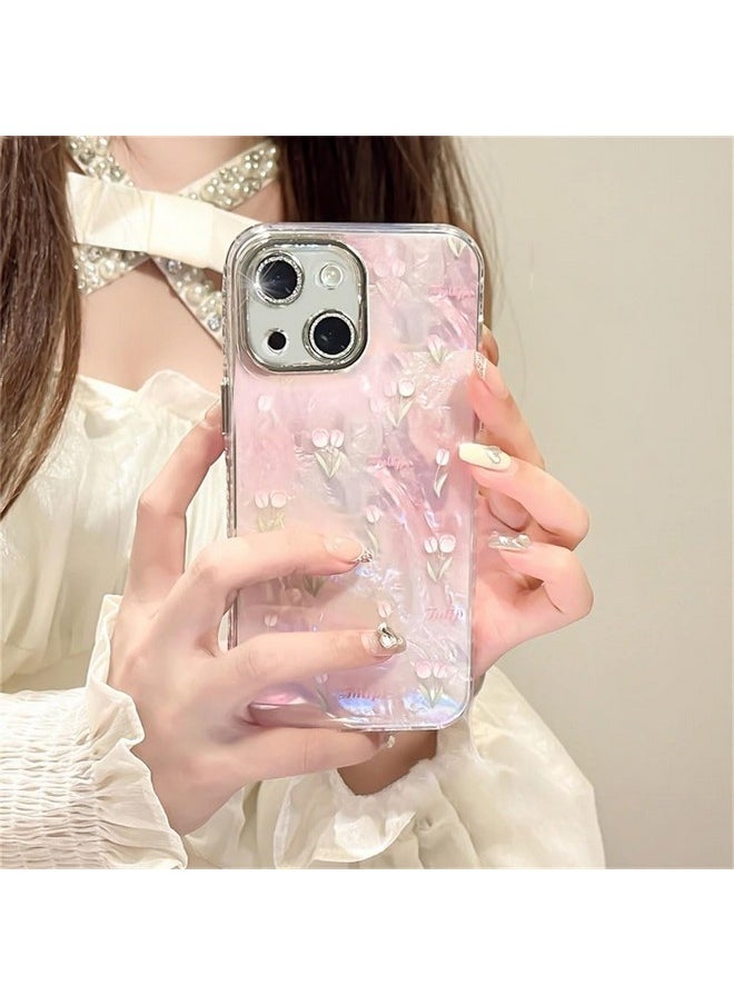 mobistyle Designed for iPhone 14 | Camera Lens Protection |Tulip Flower Pattern Print Design TPU+PC for Women Teen Girls Phone Back Cover Case (Tulip Pink)