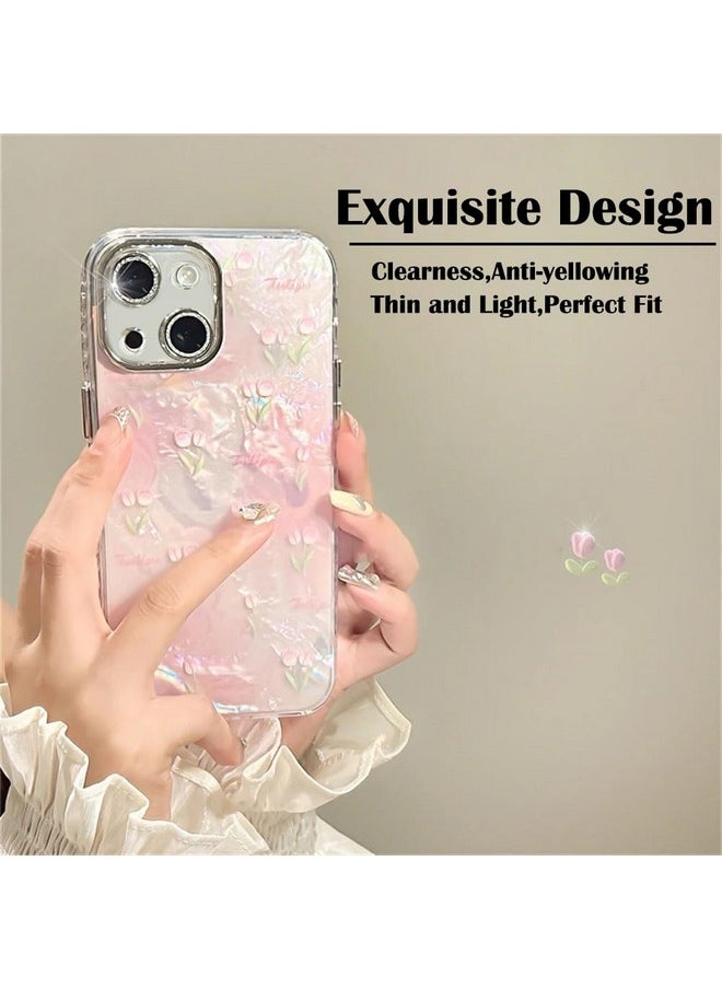mobistyle Designed for iPhone 14 | Camera Lens Protection |Tulip Flower Pattern Print Design TPU+PC for Women Teen Girls Phone Back Cover Case (Tulip Pink)