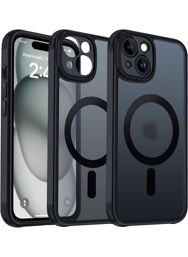 EGOTUDE Designed for iPhone 15 Case | Strong Magnet Camera Protection Translucent Matte Hard Back Cover Compatible with Mag-Safe (TPU+Polycarbonate | Frost Black)