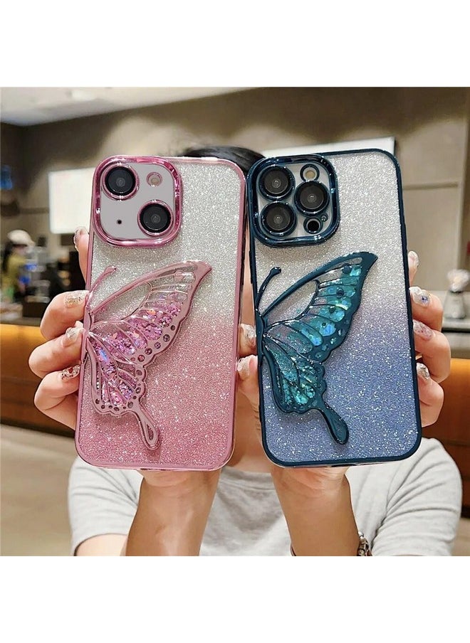 mobistyle Silicone Designed For iPhone 15 Cover With Glitter Cute Butterfly Electroplating Design Back Cover Case For Women Teen Girls (Pink)