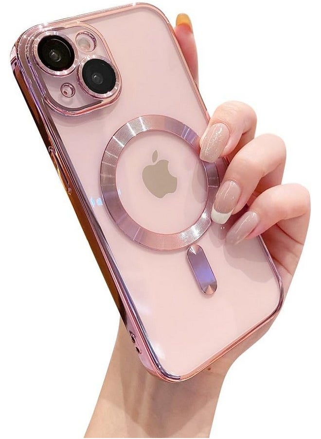 mobistyle TPU Designed for iPhone 15 Luxury Electroplating Case [Magnetic MagSafe] [Integrated Lens Protection] Back Cover Case for iPhone 15 (Pink)