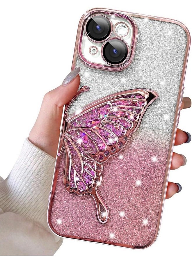 mobistyle Leather Designed For iPhone 13 Cover With Glitter Cute Butterfly Electroplate Plating Design Back Cover Case For Women Teen Girls (Pink)