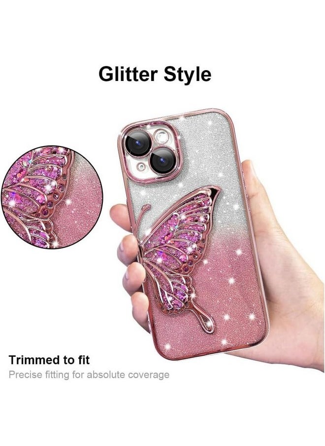 mobistyle Leather Designed For iPhone 13 Cover With Glitter Cute Butterfly Electroplate Plating Design Back Cover Case For Women Teen Girls (Pink)
