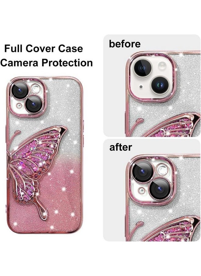 mobistyle Leather Designed For iPhone 13 Cover With Glitter Cute Butterfly Electroplate Plating Design Back Cover Case For Women Teen Girls (Pink)