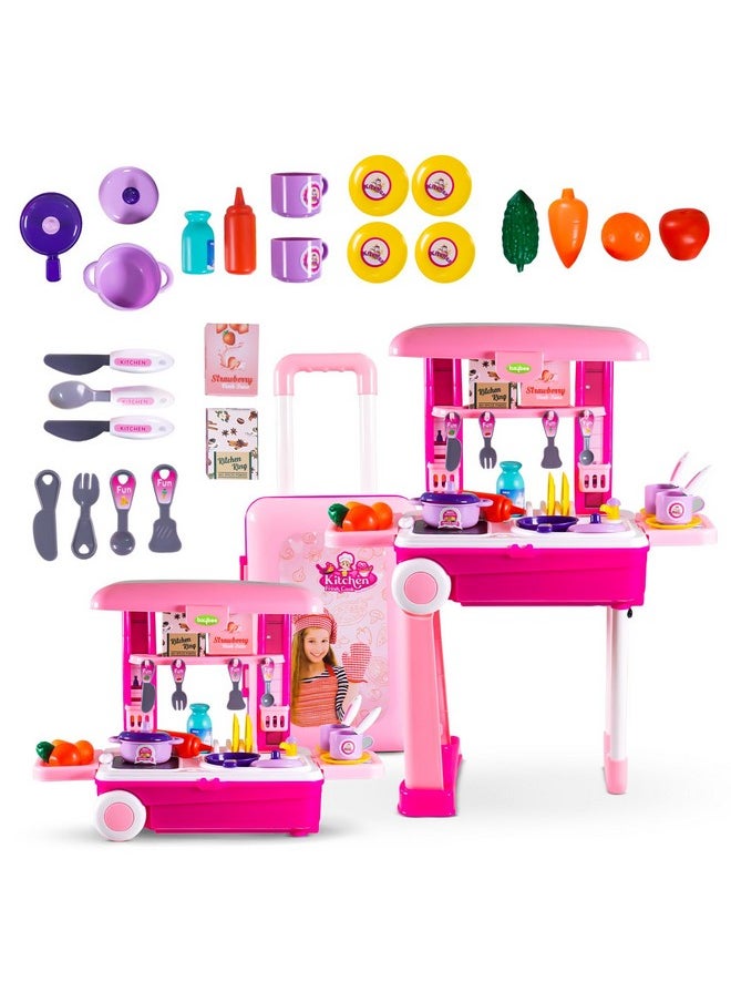 Baybee Pretend Play Kitchen Set for Kids Girls, Little Chef Kids Big Cooking playset with Accessories Pots, Food Toys with Adorable Portable Trolley Light & Sound Birthday Gift Toys for 1+ Years Boys