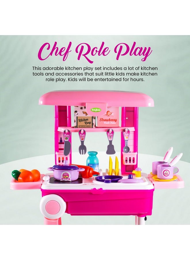 Baybee Pretend Play Kitchen Set for Kids Girls, Little Chef Kids Big Cooking playset with Accessories Pots, Food Toys with Adorable Portable Trolley Light & Sound Birthday Gift Toys for 1+ Years Boys