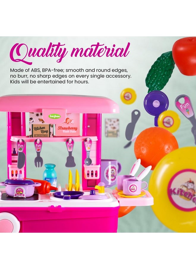 Baybee Pretend Play Kitchen Set for Kids Girls, Little Chef Kids Big Cooking playset with Accessories Pots, Food Toys with Adorable Portable Trolley Light & Sound Birthday Gift Toys for 1+ Years Boys