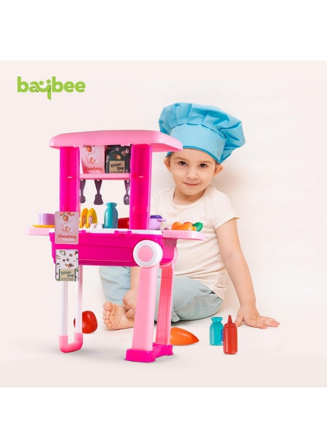 Baybee Pretend Play Kitchen Set for Kids Girls, Little Chef Kids Big Cooking playset with Accessories Pots, Food Toys with Adorable Portable Trolley Light & Sound Birthday Gift Toys for 1+ Years Boys