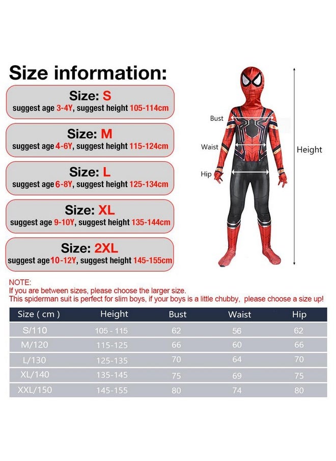GUSTAVE Down Spiderman Costume For Kids, 3D Prints Spider Man Costume Set For 8-10 Years Gift Party Halloween (Size M - Suggest Height 135-145Cm), Multicolor