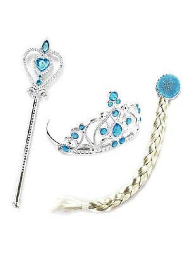 Kaku Fancy Dresses Plastic Fairy Tales Character Princes Elsa Accessories Crown, Wig & Wand -White-Silver, 3-10 Years, For Girls