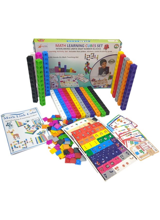 StepsToDo Math Learning Cubes Set - 200 Number Blocks, 200 Face Plates, 108 Stickers, 20 Activity Cards, Activity Guide - Hands-On STEM Educational Toy for Kids, Counting, Patterns, Place Value