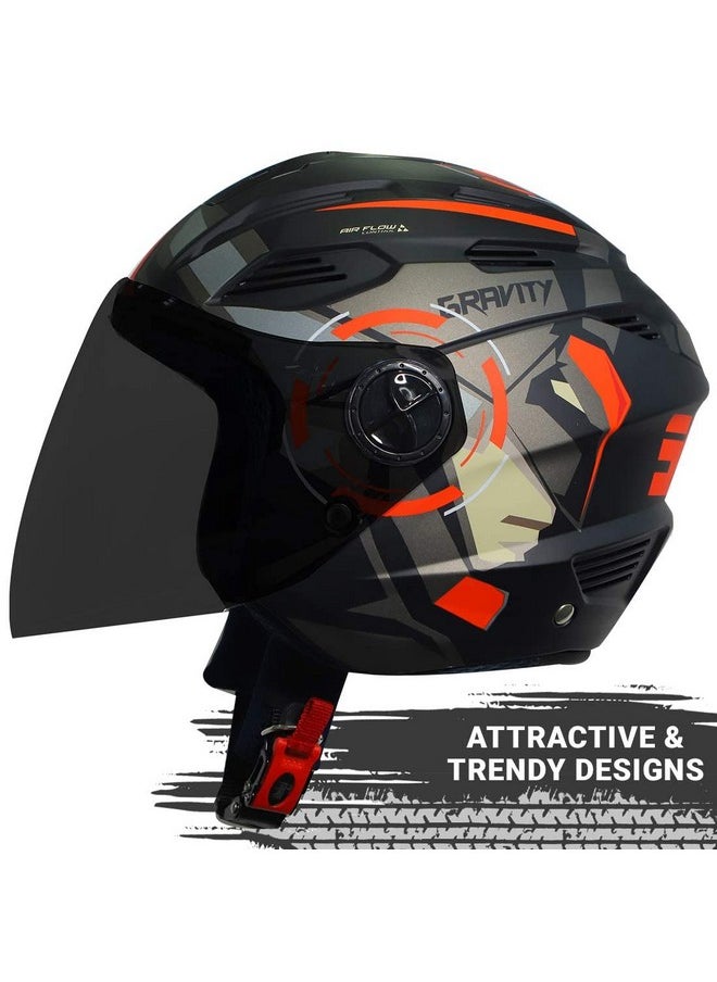 Steelbird SBA-6 7 Wings Gravity Open Face ABS ISI Certified Helmet (Medium 580 mm, Matt Black Orange Helmet Fitted with Clear Visor and Extra Smoke Visor)