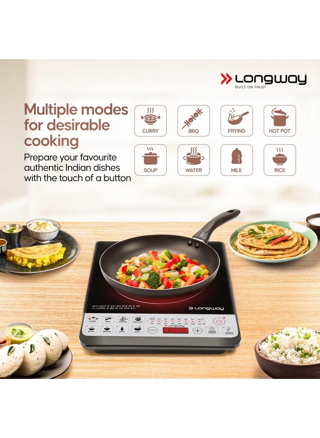 Longway Cruiser IC 2000 Watt Induction Cooktop with Auto Shut-Off & Over-Heat Protection With 8 Cooking Mode & BIS Approved | 1-Year Warranty | (Black, Push Button)