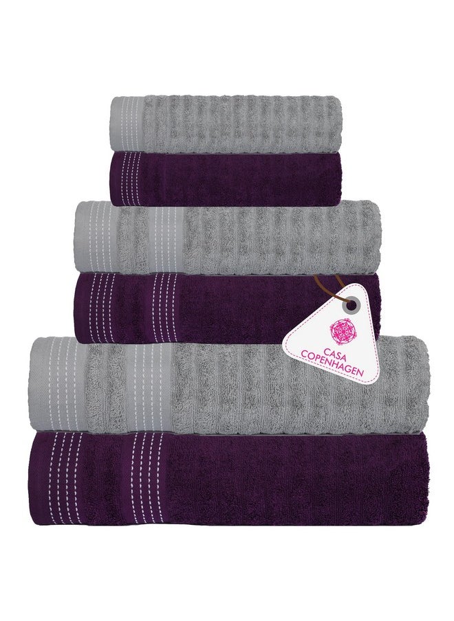 Casa Copenhagen Elegance Collection 2.O, 100% Super Soft Cotton 6 Piece Towel Set, Includes 2 Bath Towels 2 Hand Towels 2 Washcloths - Miraj Grey & Plum Purple