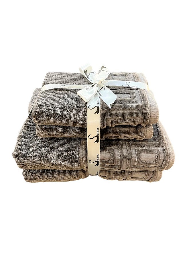 SENSES by Riba 550 GSM Solid Dyed Terry Cotton 4 Piece Towel Set with Sheared Border | Highly Absorbent, Low Lint, Colour Fast - Grey