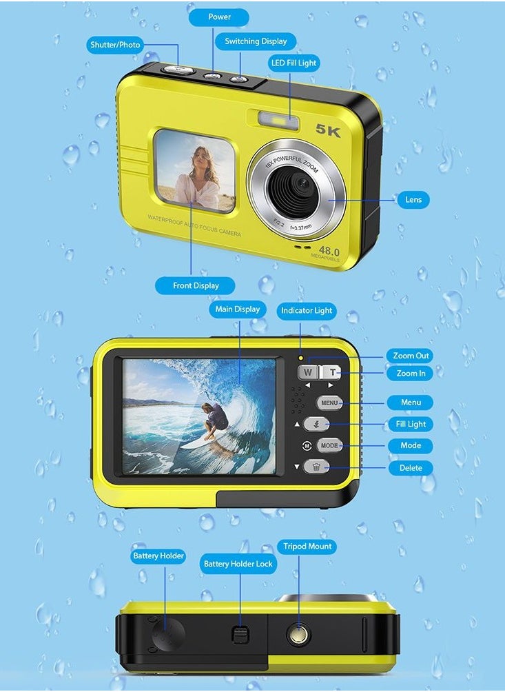 4K Underwater Camera 11FT Waterproof Camera with 64GB Card 48MP Autofocus Dual-Screen Selfie Underwater Camera (Black)