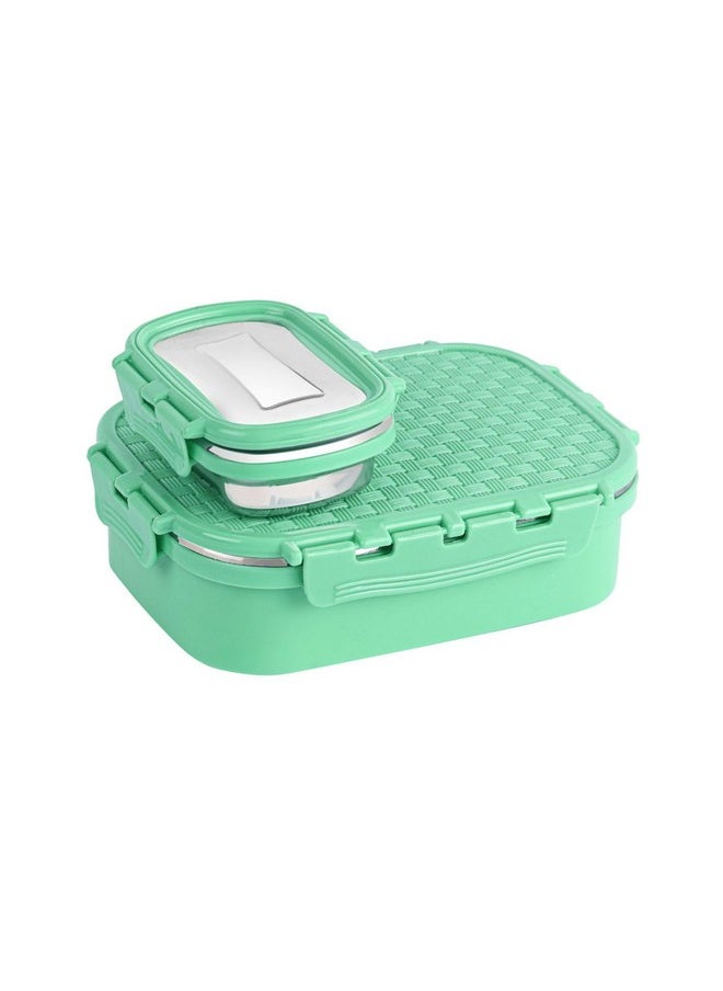 CELLO Matrix Medium Lunch Box, Green | Stainless Steel Lunch Box with Inner Separate Veg Box | Leak Proof and Break Resistant | Tiffin for Adults with Snap Lock | Ideal for Office, School, College