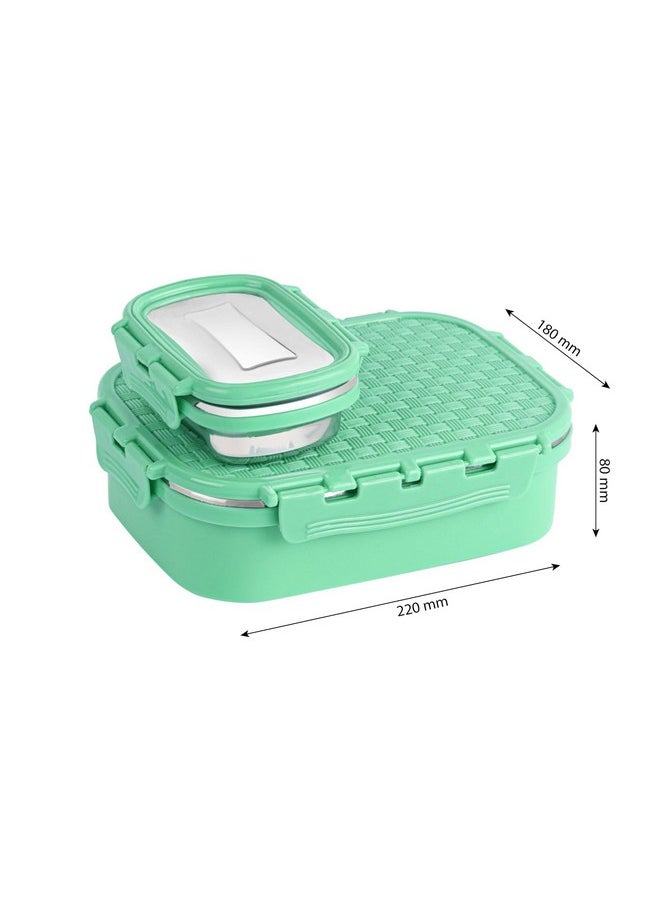 CELLO Matrix Medium Lunch Box, Green | Stainless Steel Lunch Box with Inner Separate Veg Box | Leak Proof and Break Resistant | Tiffin for Adults with Snap Lock | Ideal for Office, School, College